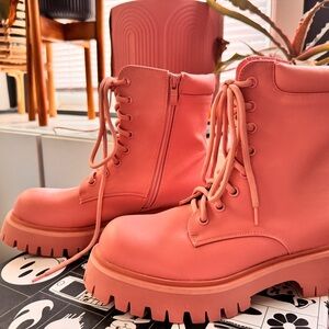 Dolls Kill Salmon Pink Combat Boots with Chunky Lug Sole